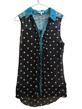 Candie's Vintage Sheer Polka Dot Button-Up  Top Teal Trim & Crochet Back Size L